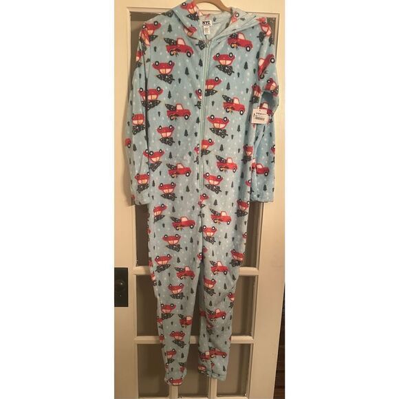 woman’s s/m fleece pajamas Christmas PRINTED HOLIDAY ONE-PIECE HOODED - Picture 7 of 9